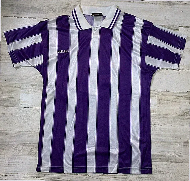 Vtg Adidas Shirt Mens M Soccer Jersey 90s Purple White Vertical Stripes USA #5