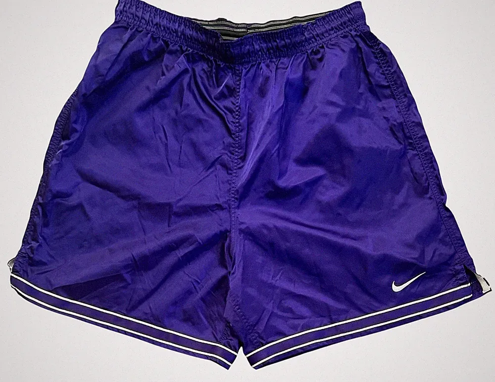Vtg Nike 90s Soccer Shorts Men’s Medium Nylon Satin Striped Purple Made USA Team