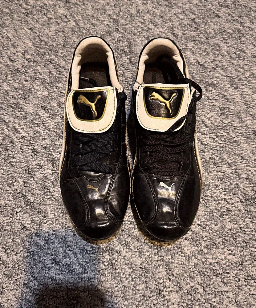 VTG Puma King Exec FG Black White Gold Leather Soccer Cleats Boots 26cm US 8 UK
