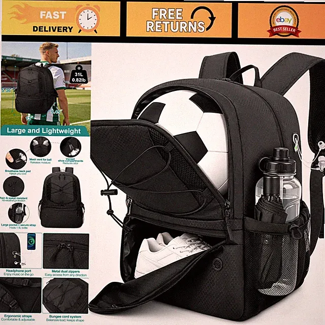 Water Resistant Soccer Backpack with Ball Compartment & Cleat Storage, 31L - Fit