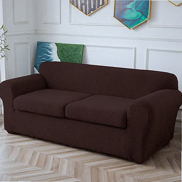 Waterproof leaf textured jacquard stretch sofa cover with cushion cover - soft