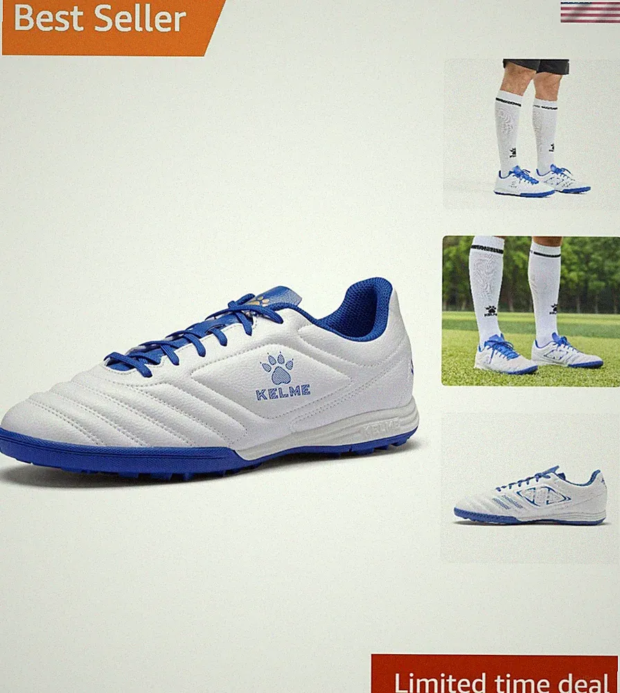 White and Blue Turf Soccer Shoes – Lightweight Cleats for Indoor & Outdoor Play