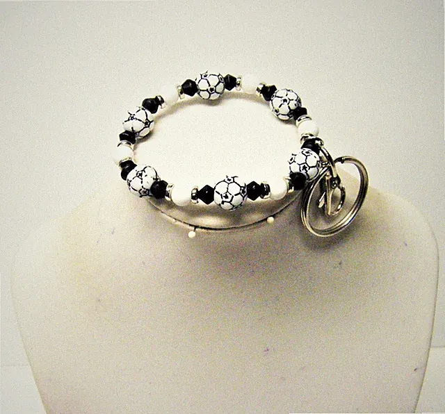 White/Black Acrylic Soccer Ball w/White/Black Glass Bead Bracelet w/Silver Key