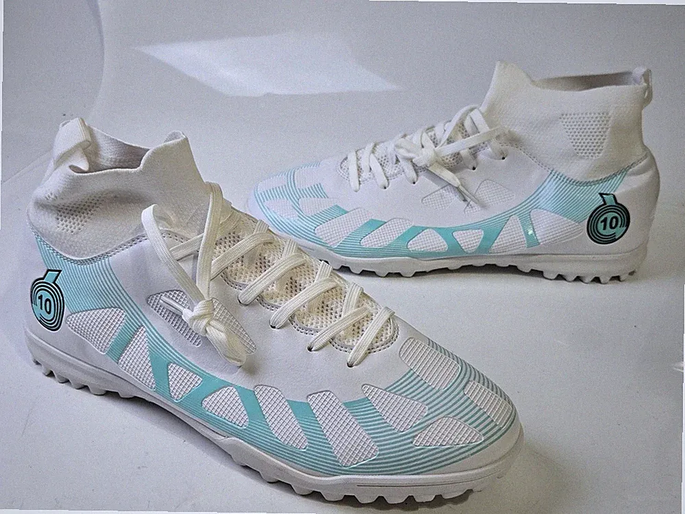White Teal Sock High Top Turf Soccer Cleats Shoes EU Size 45