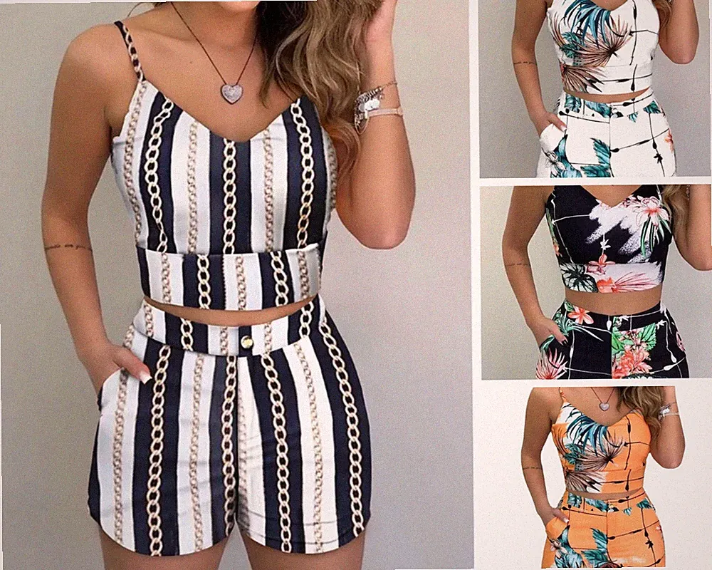 Women's 2 Piece Outfits Summer Short Sets Floral Sleeveless V Neck Workout Set