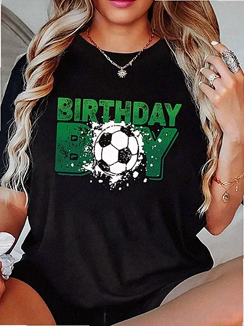 Women's Casual Soccer Birthday Graphic T-Shirt - Black with Green BIRTHDAY Pri
