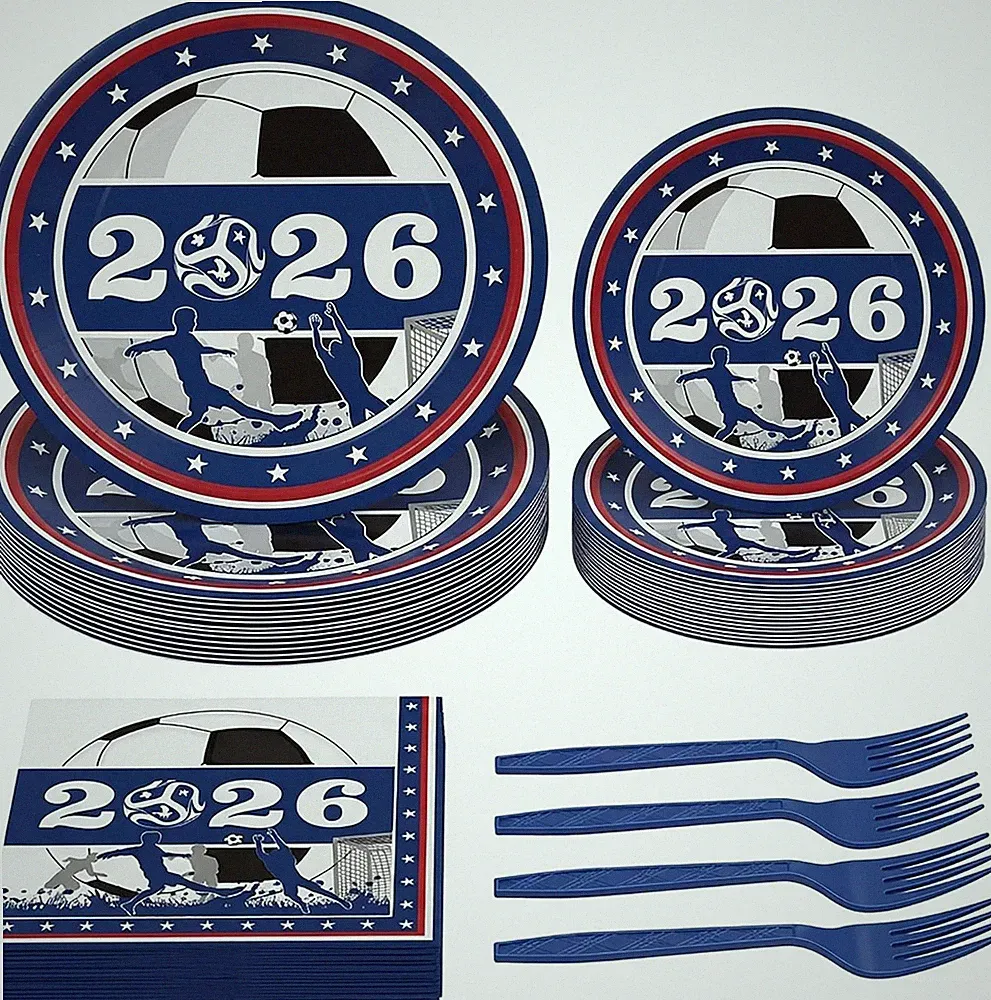 World Cup 2026 Soccer Party Decorations 100Pcs Disposable Paper Plates and N...