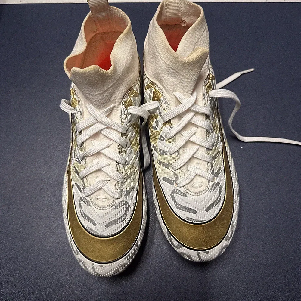 Youth Soccer Cleats White Gold Kids Size 4Y