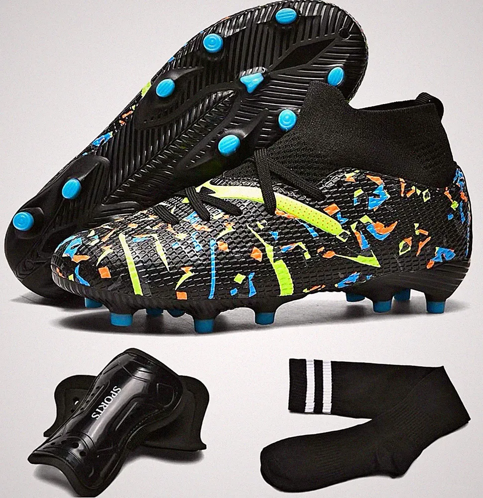 Youth Unisex Soccer Cleats Set - Black Multicolor w/ Socks & Shin Guards size 34