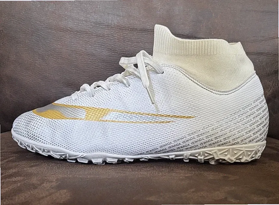 Yovski Soccer Cleats High Top White Gold Silver Football Turf Shoes