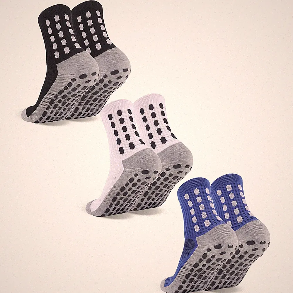 ZXOLDZX 3 Pairs Kids Grip Soccer Socks Cushioned Medium, Black+white+blue-1